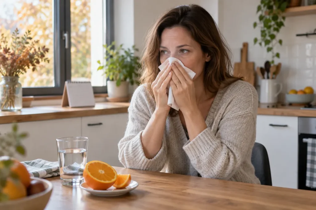 Femme tenant un mouchoir contre son nez à une table de cuisine