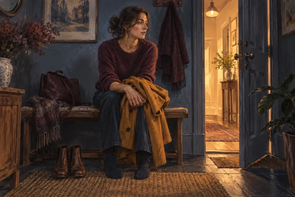 Une femme est assise près d’une porte, avec un manteau et des chaussures à proximité.