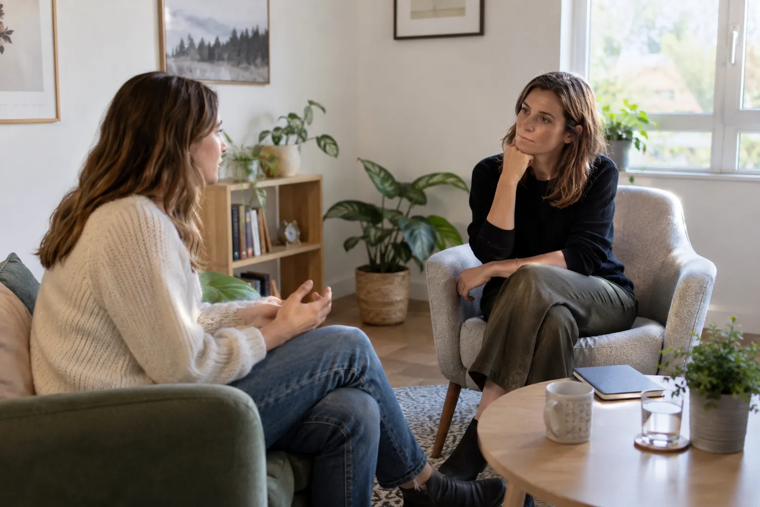 Deux femmes échangent dans un cabinet de consultation.