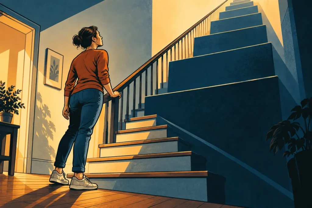 Dessin symbolique d’une personne devant un escalier aux marches disproportionnées.