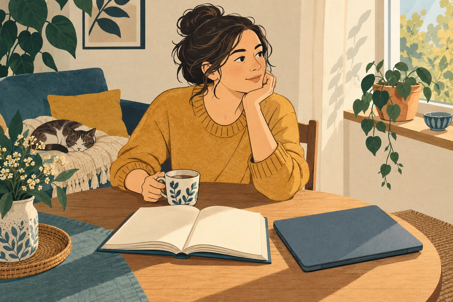 Illustration d’une personne faisant une pause à une table avec un livre et un ordinateur.