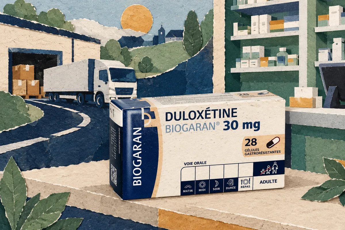 Composition éditoriale associant une boîte de duloxétine au circuit de distribution des médicaments.