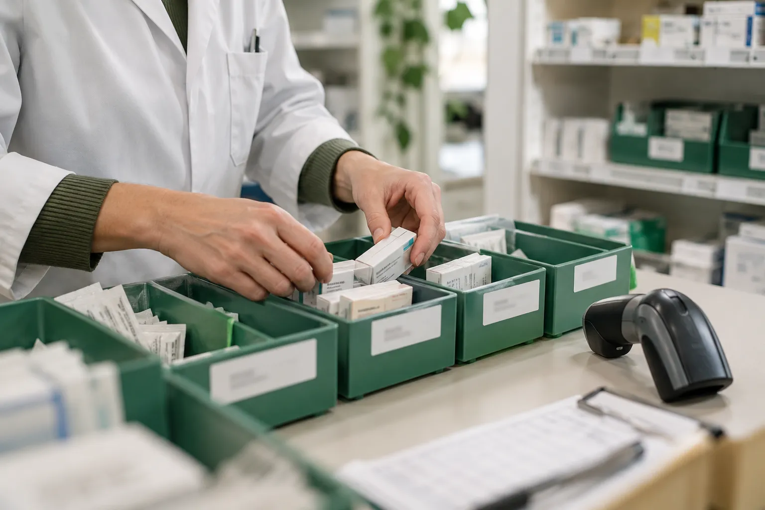 Des mains organisent des bacs dans une pharmacie.