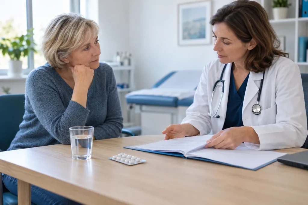 Une médecin et une patiente échangent autour d’un dossier, avec une plaquette de médicaments et un verre d’eau sur le bureau.
