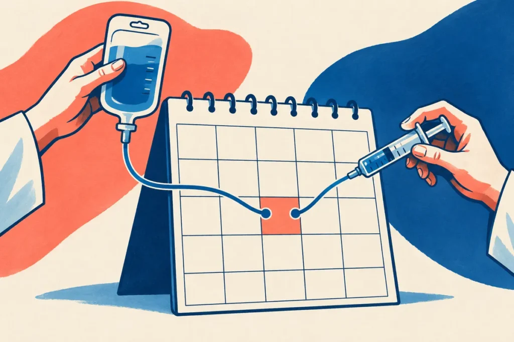Dessin de deux gestes thérapeutiques convergeant vers une même case de calendrier.