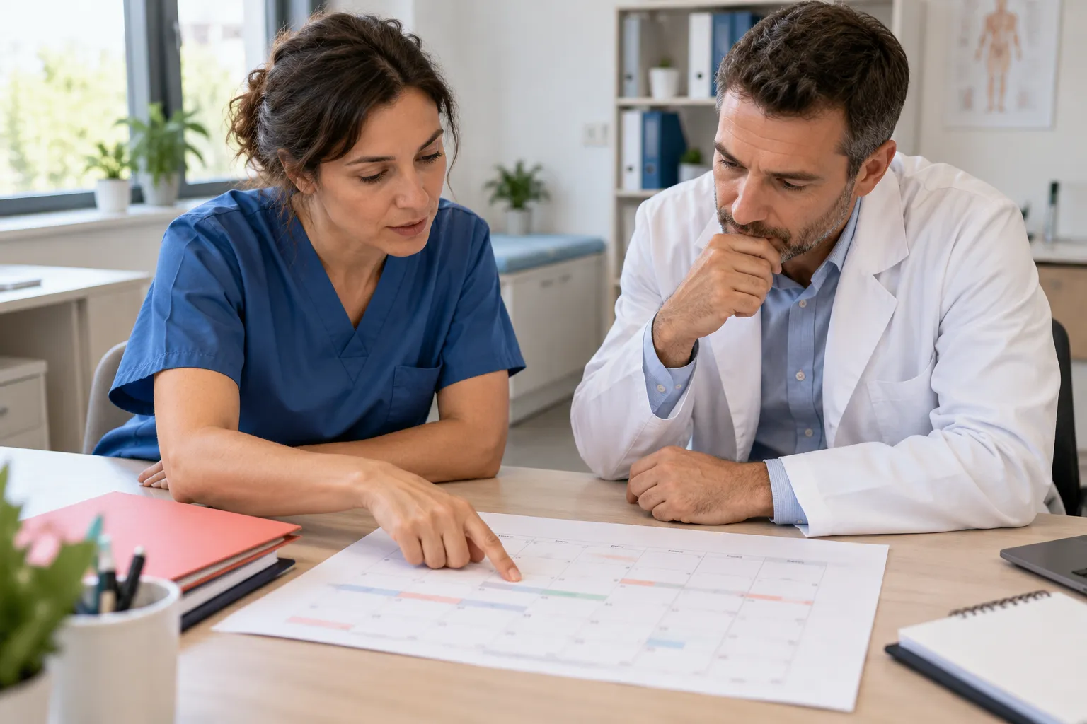 Le calendrier discuté par une équipe médicale Scène illustrative d’une équipe médicale réunie autour d’un calendrier anonyme sur une table de consultation.