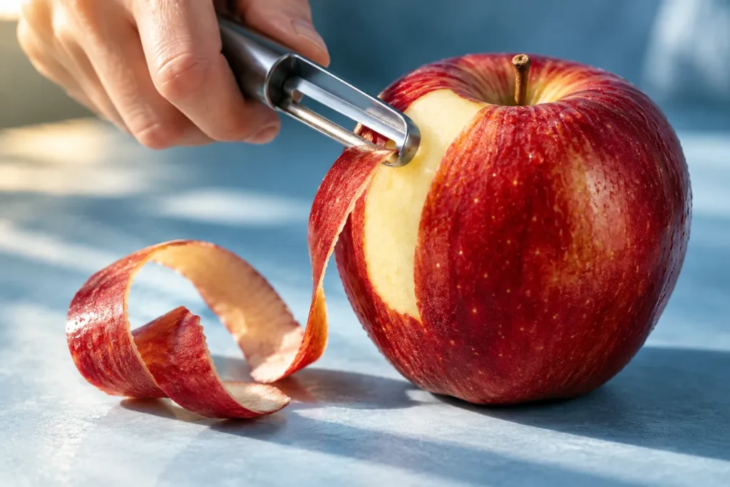 Une pomme rouge légèrement pelée, un ruban de peau et une main tenant un économe.