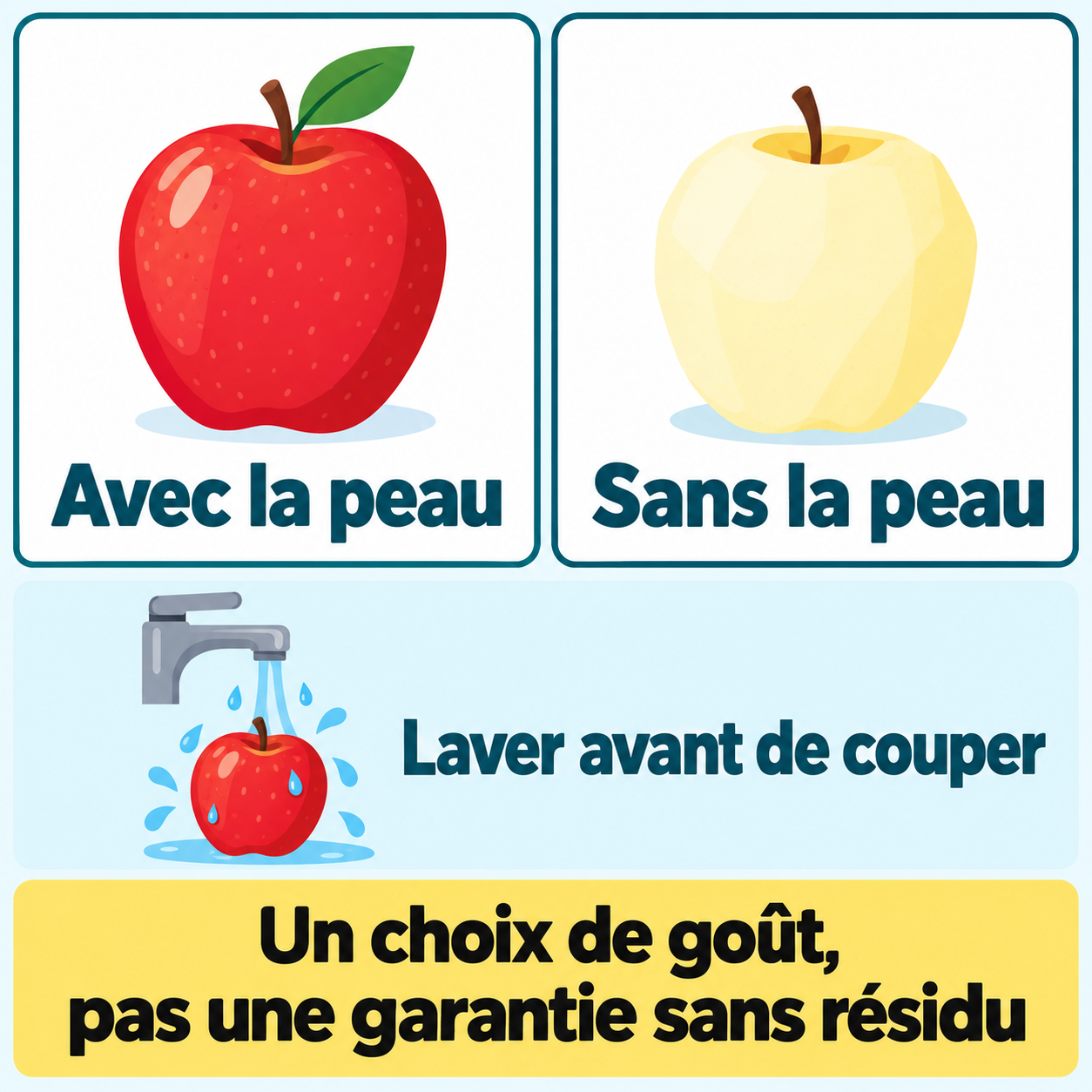 Avec la peau ou sans la peau : laver avant de couper. Un choix de goût, pas une garantie sans résidu.