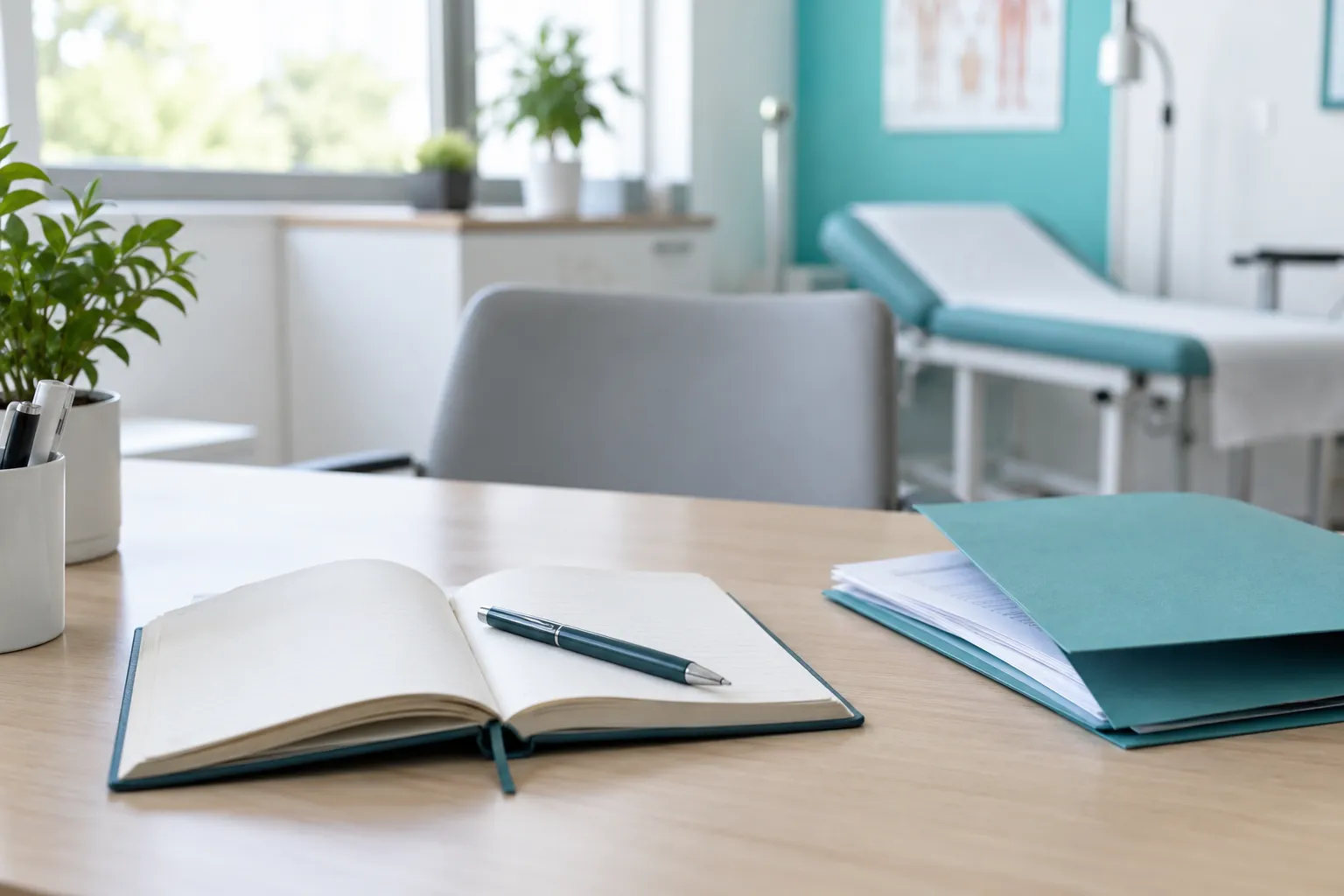 Un carnet ouvert, un stylo et un dossier papier sur une table de consultation.
