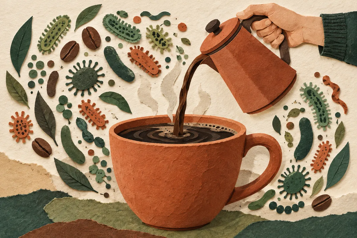 Collage éditorial évoquant une tasse de café et des microbes symboliques.