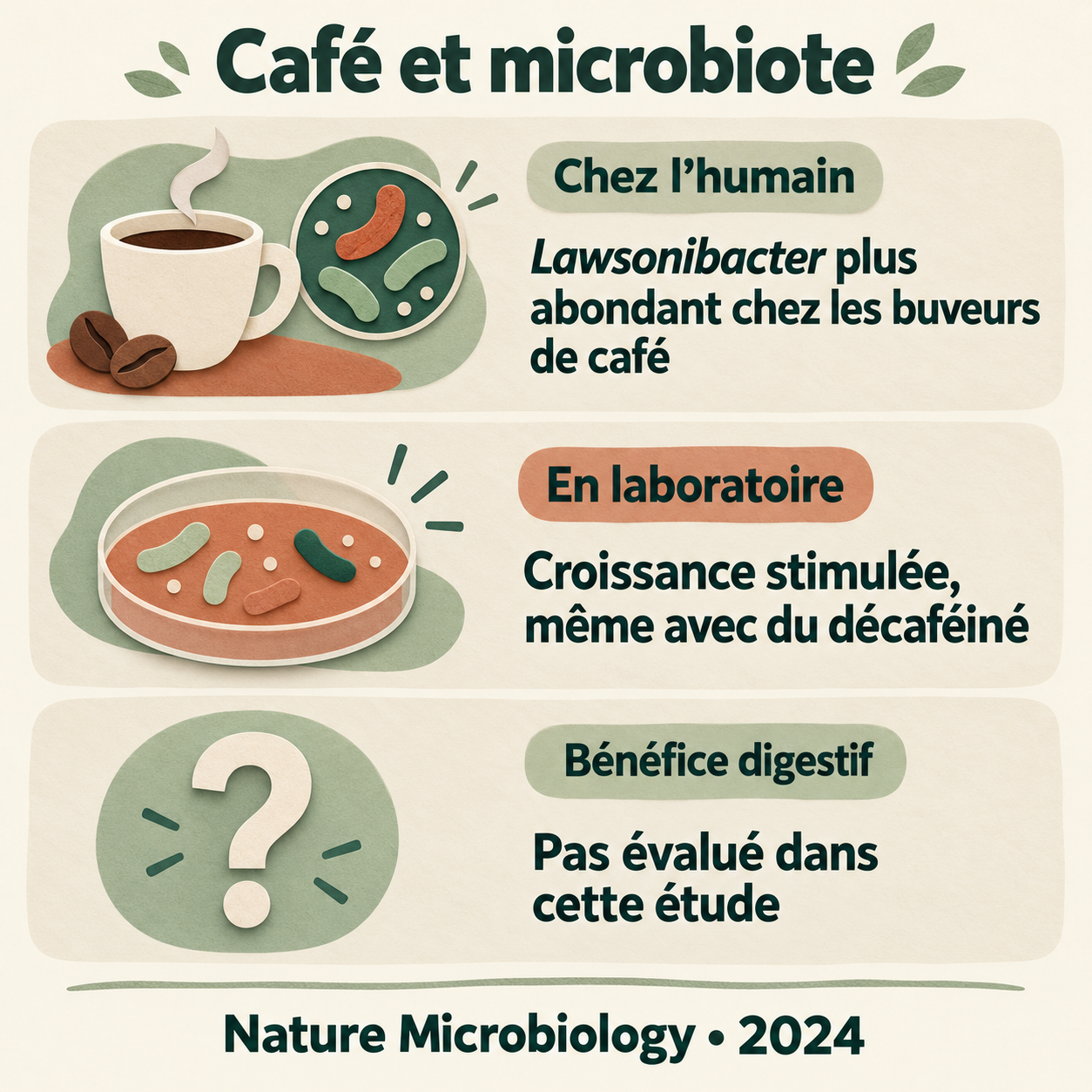 Trois niveaux distingués : association chez l’humain, croissance en laboratoire et bénéfice digestif non évalué.