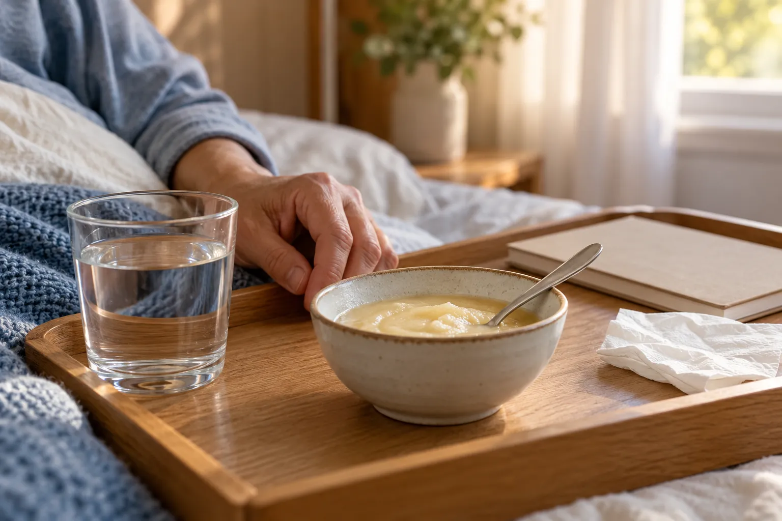 Un verre d’eau et un bol d’alimentation lisse sur un plateau dans une scène illustrative du quotidien.