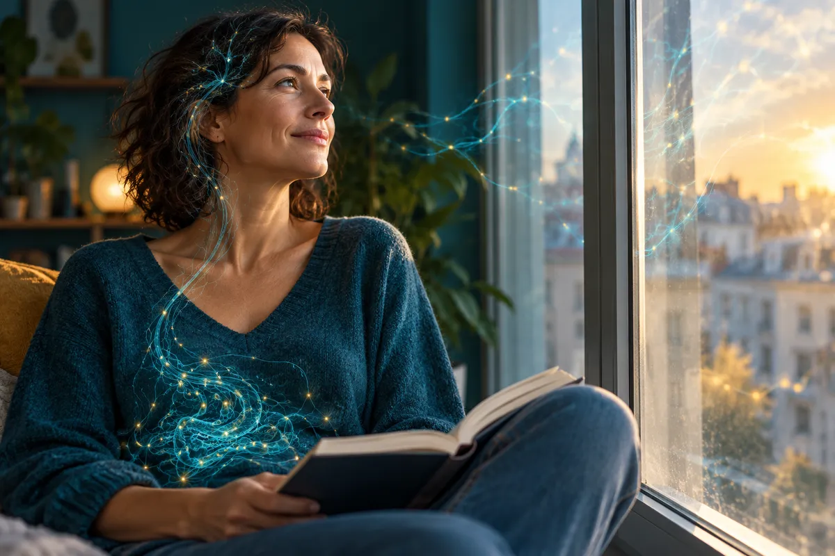 Une personne assise près d’une fenêtre, dans une composition conceptuelle sur le dialogue entre le ventre et le cerveau.
