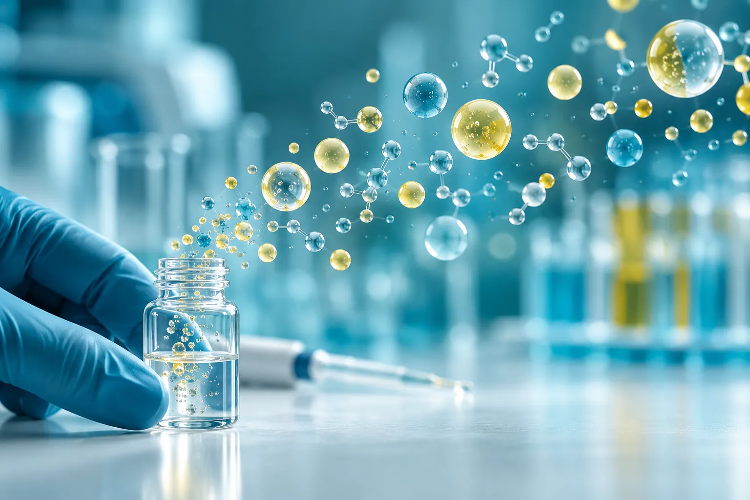Évocation de laboratoire associant un échantillon et des formes moléculaires pour illustrer la recherche sur les métabolites.