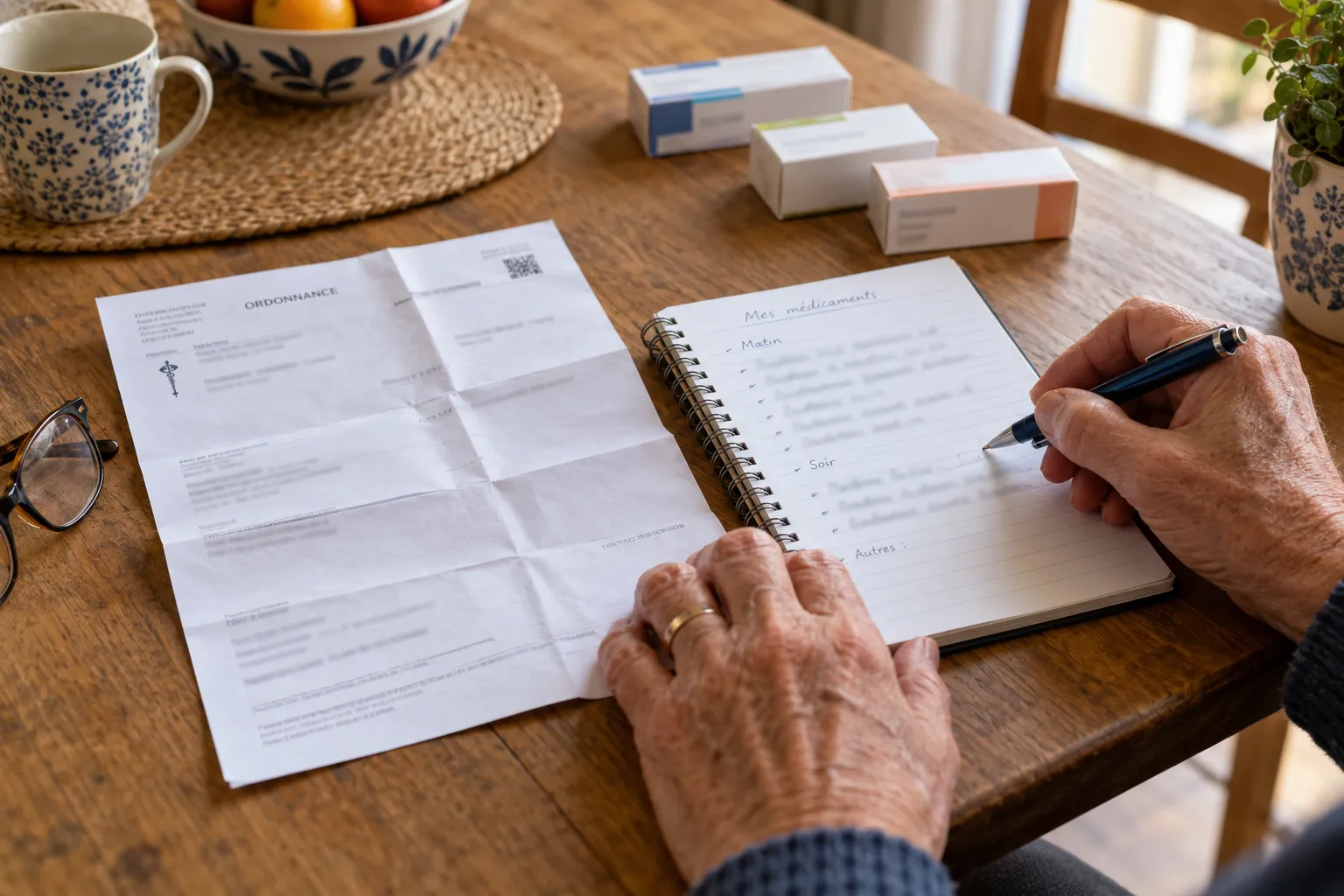 Documents de traitement et liste de médicaments réunis sur une table pour préparer un rendez-vous.