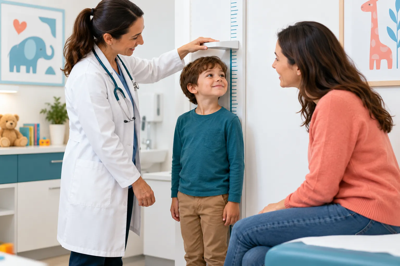 Scène illustrative de suivi pédiatrique avec mesure de la taille d’un enfant en présence d’un parent.