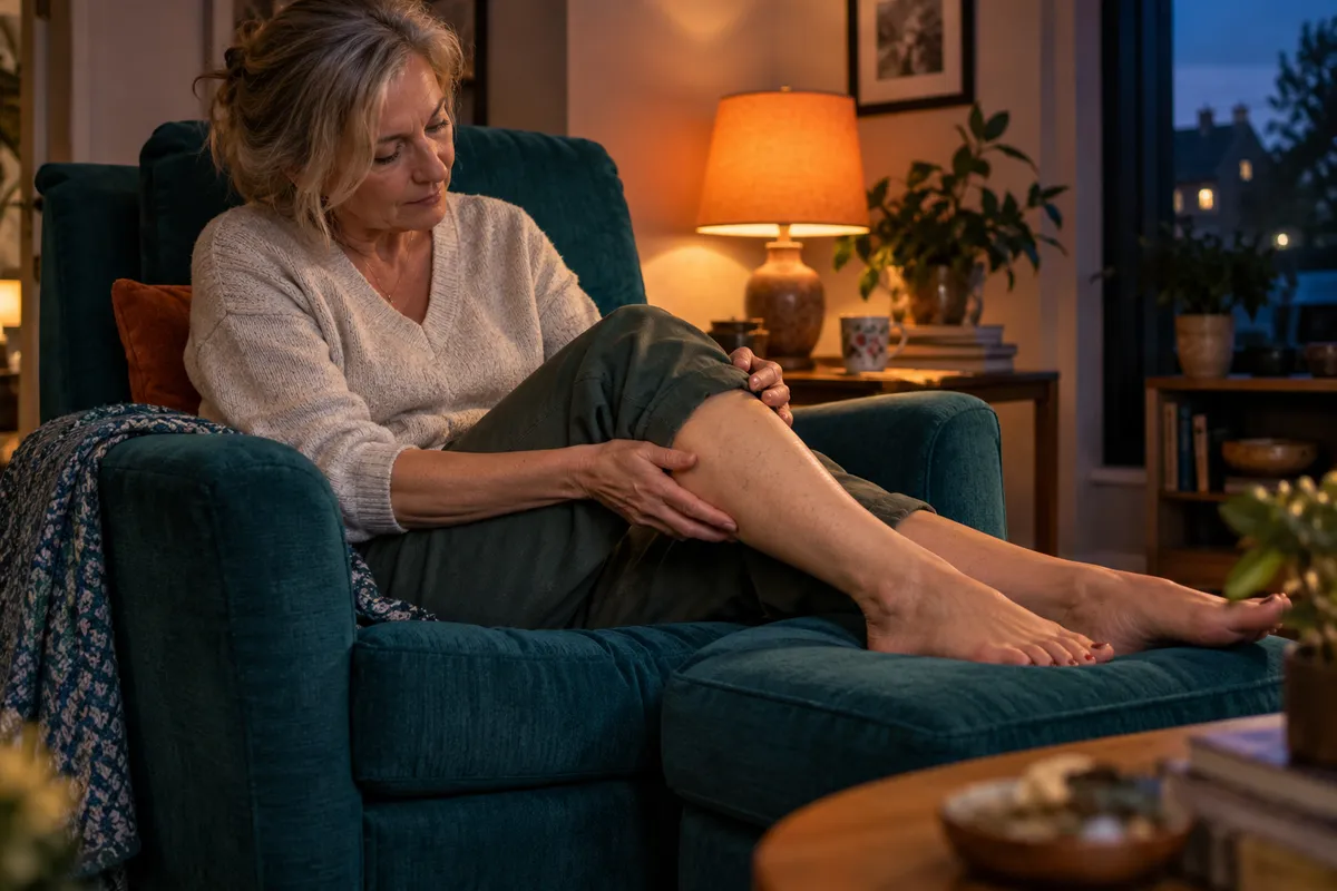 Une adulte assise dans un salon en soirée, les jambes posées sur un repose-pieds.
