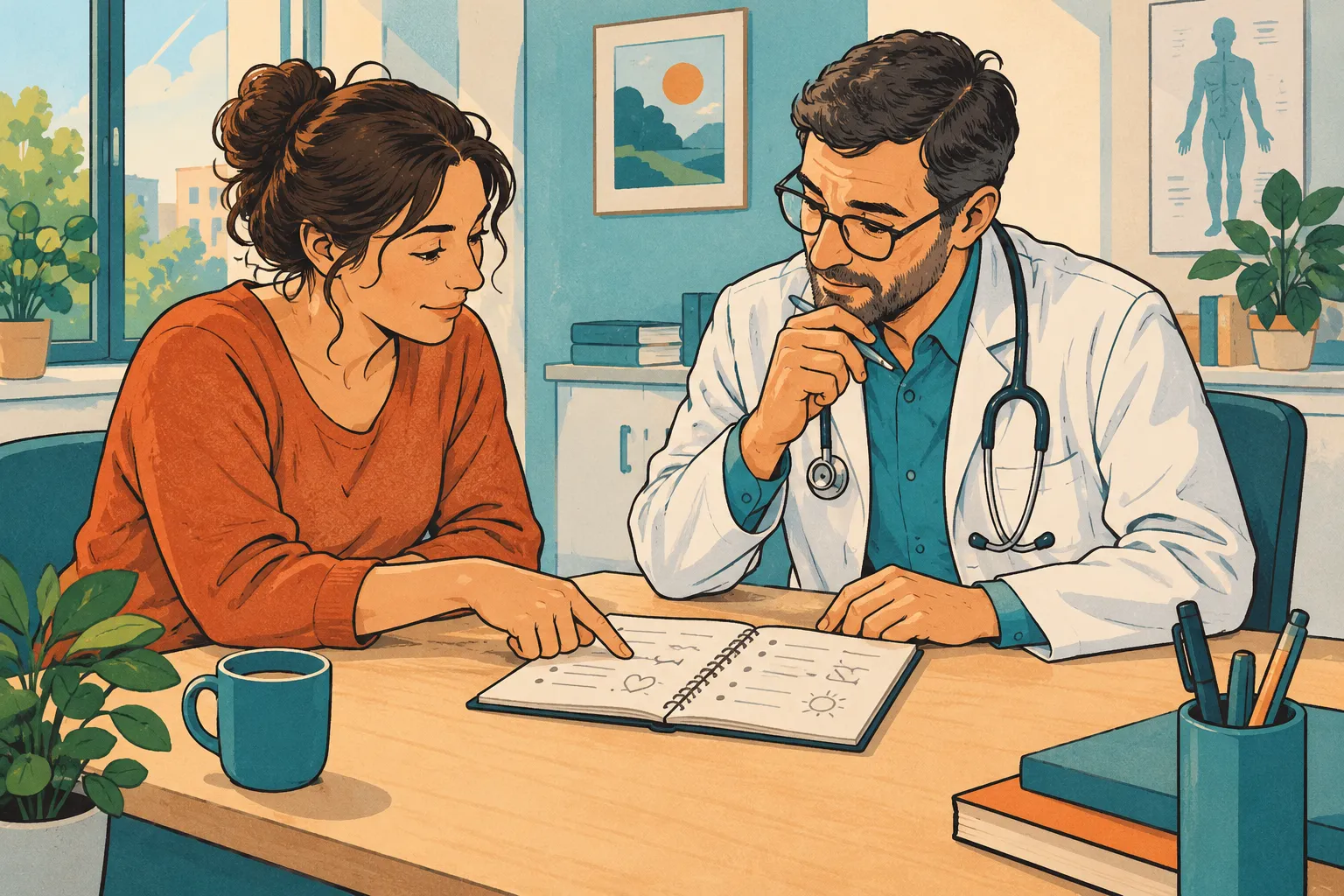 Un carnet pour éclairer la consultation Illustration d’une consultation où une personne et un médecin échangent autour d’un carnet posé sur le bureau.
