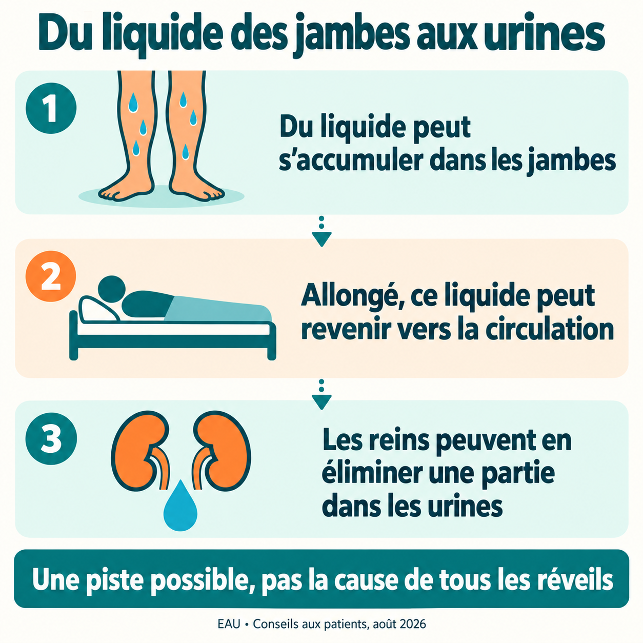 Des jambes aux reins : une redistribution possible Schéma simplifié reliant liquide accumulé dans les jambes, redistribution au repos allongé et élimination possible par les reins.