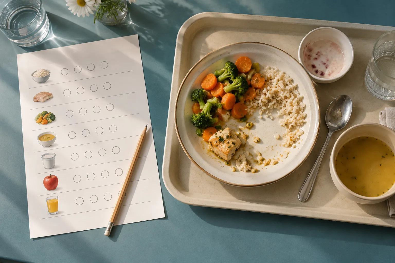 Carnet de suivi schématique à côté d’un plateau-repas partiellement consommé.