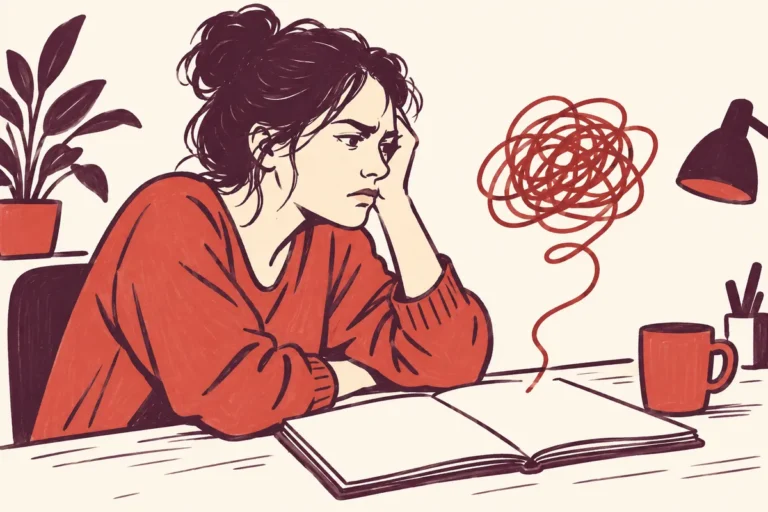 Dessin d’une personne au visage tendu devant un carnet, avec un trait fermé évoquant une pensée en boucle.