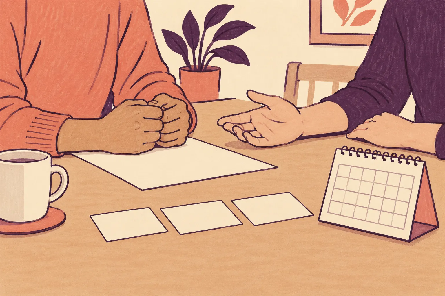 Mettre des mots sur ce qui a changé Dessin de deux personnes échangeant autour d’une table, leurs mains près de feuilles et d’un calendrier sans inscription.