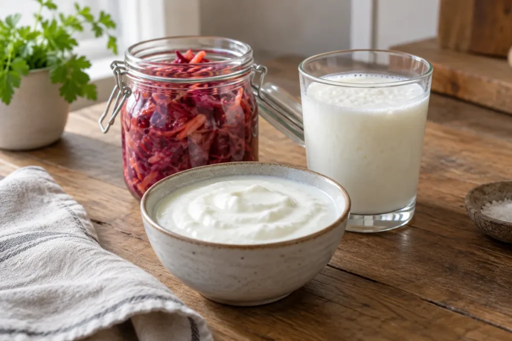 Bol de préparation lactée blanche, bocal de légumes émincés et verre de boisson lactée sur une table en bois.