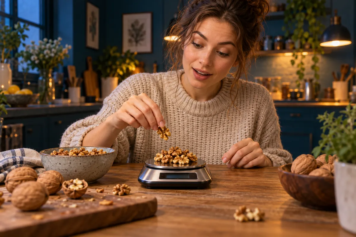 Une adulte mesure des cerneaux de noix sur une petite balance au dîner.