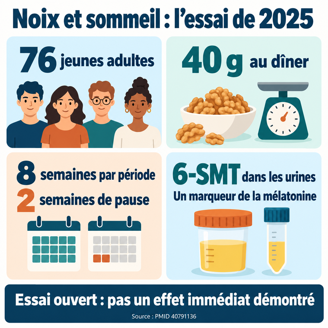 Repères de l’essai de 2025 sur les noix : 76 jeunes adultes, 40 g au dîner, huit semaines par période et mesure urinaire de 6-SMT.