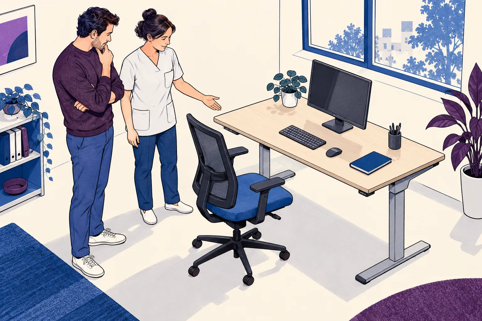 Illustration d’un adulte et d’un professionnel de santé au travail observant un bureau et une chaise réglables.