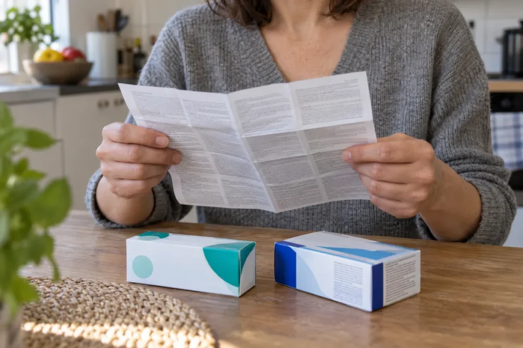 Lecture d’une notice avec deux boîtes de produits de santé sur une table.