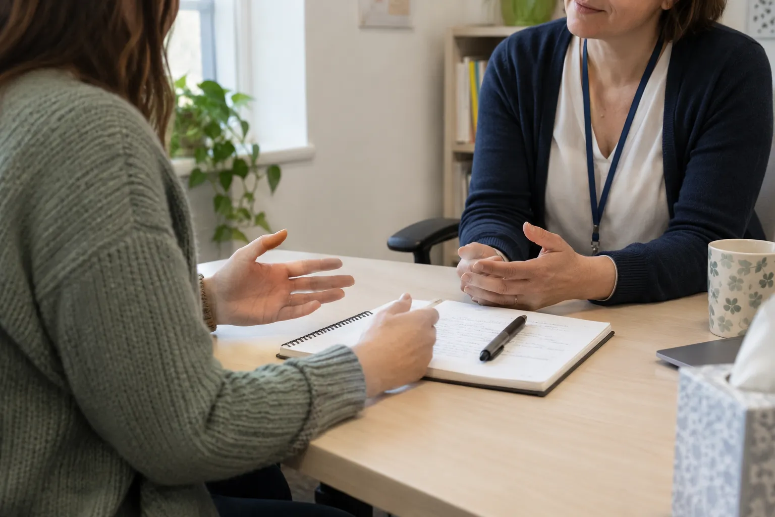 Mains de deux personnes échangeant autour de notes pendant une consultation.