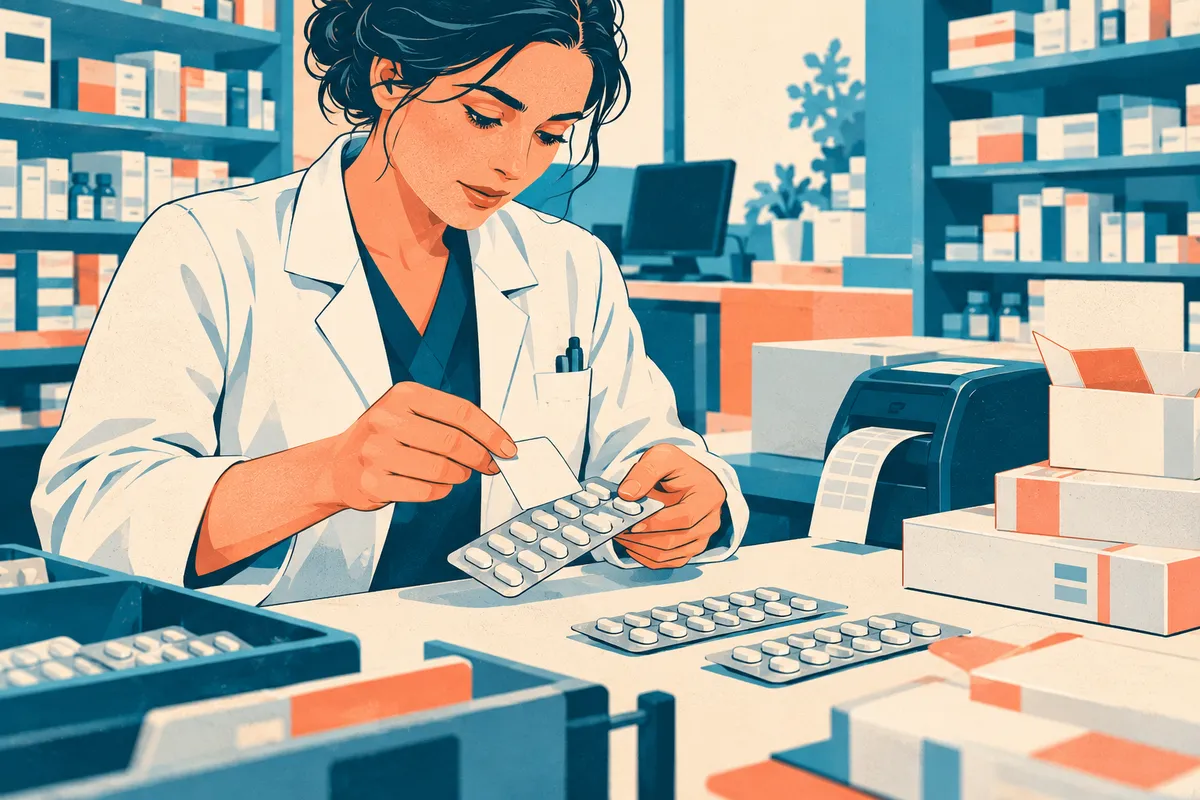 Illustration d’une pharmacienne préparant un conditionnement avec des unités sous blister et une étiquette.