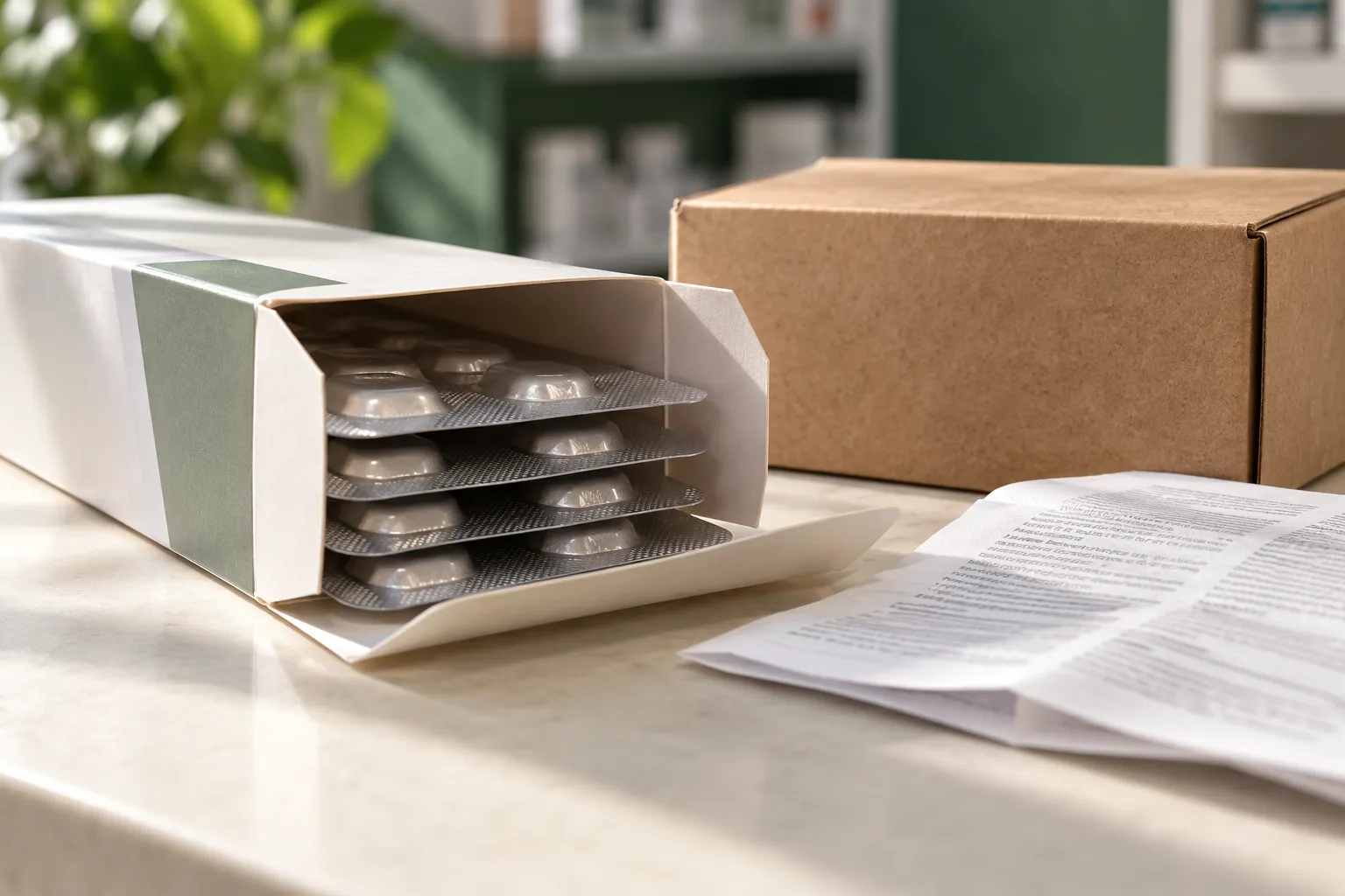 Segments de blister rangés dans un conditionnement protecteur à côté d’une notice.