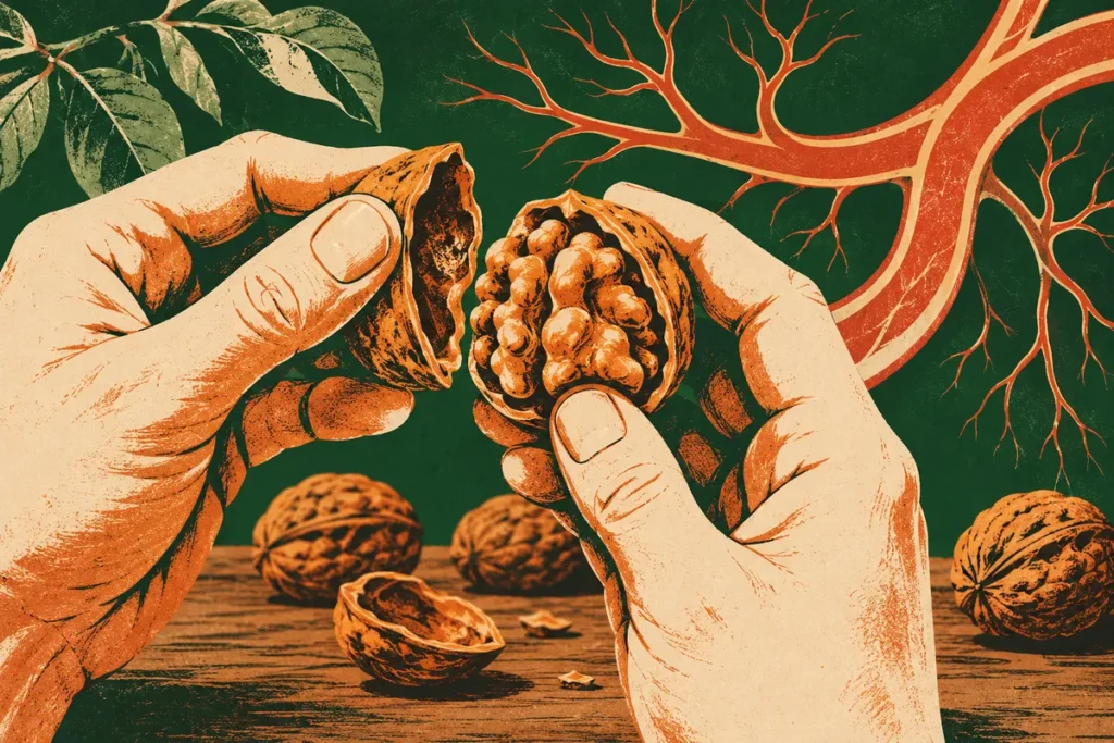 Illustration en sérigraphie de mains ouvrant une noix, sur un fond vert parcouru d’un tracé artériel discret.