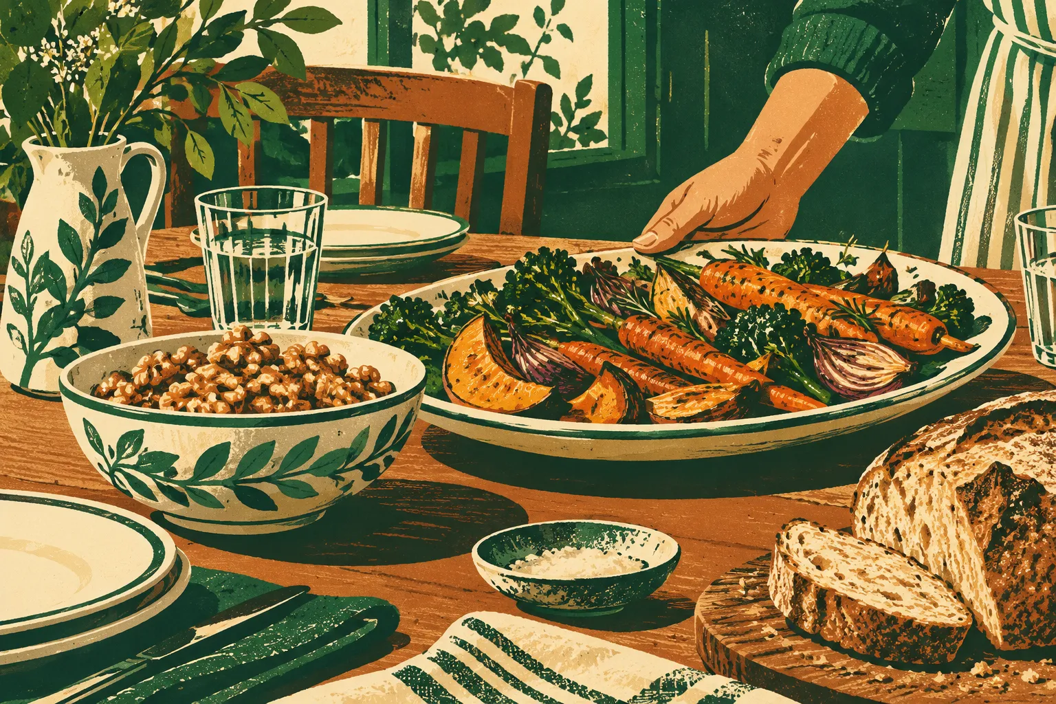 Un bol de cerneaux de noix et des ingrédients de repas sur une table familiale dessinée.