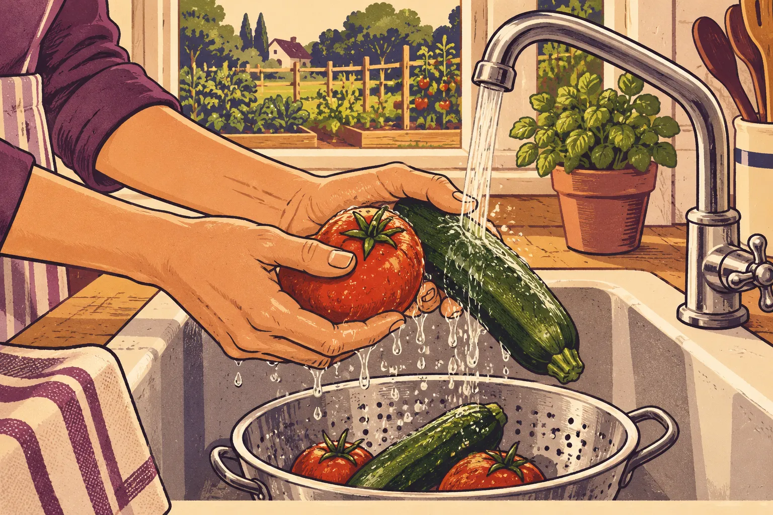 Illustration du lavage de légumes sous l’eau avant leur consommation.