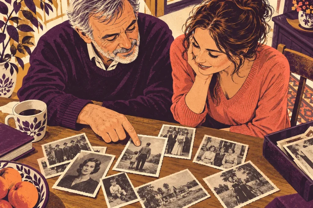 Un père et sa fille adulte regardent ensemble des photographies familiales sur une table.