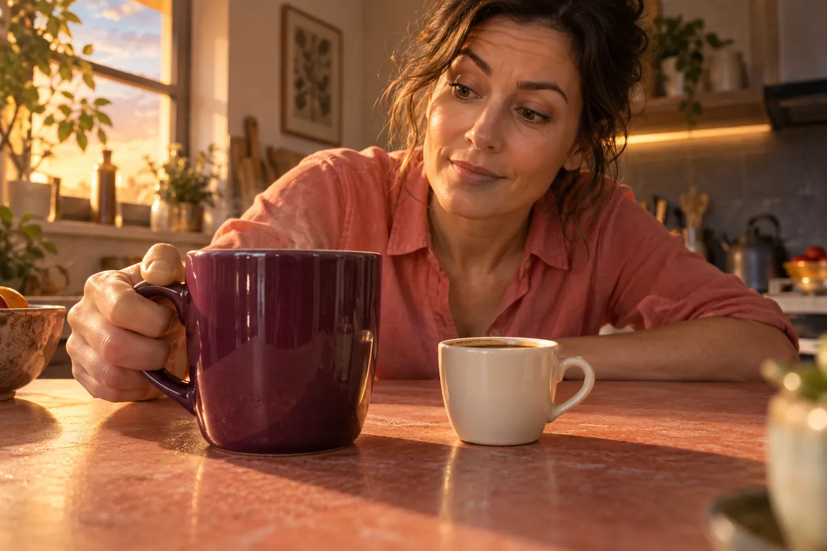Deux tasses de café de tailles différentes dans une cuisine en fin de journée.