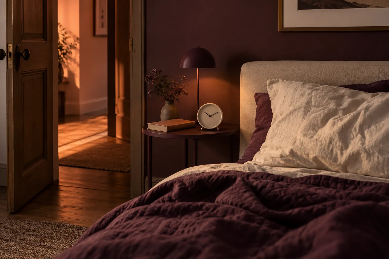 Un lit et une horloge sur une table de chevet dans une chambre aux tons prune et crème.