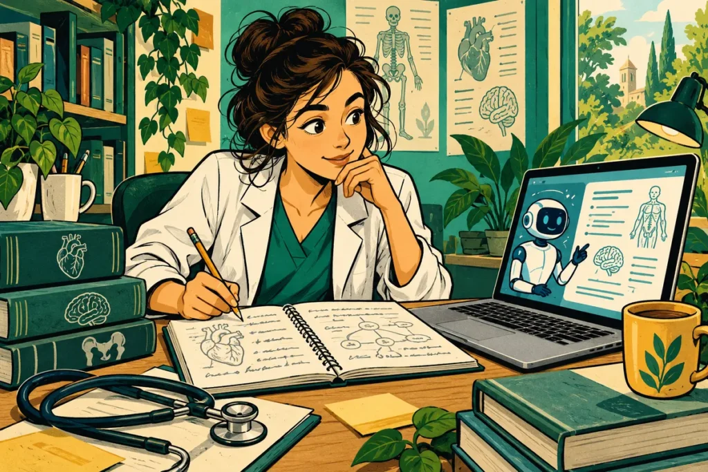 Illustration éditoriale d’un étudiant en médecine confrontant un écran à ses notes personnelles.