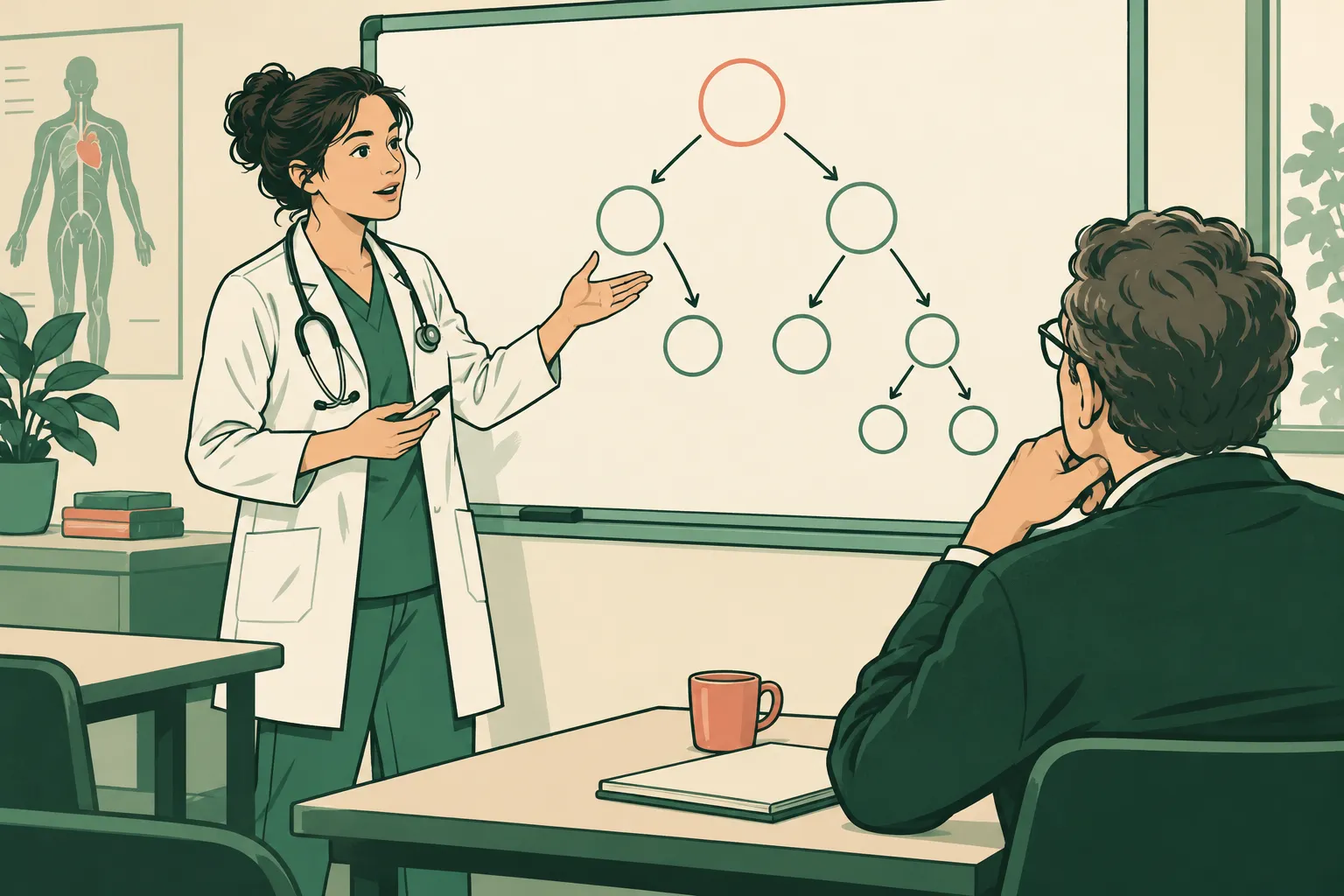Illustration d’un échange pédagogique autour d’un schéma de raisonnement, sans écran.
