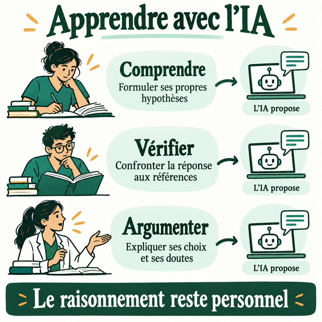 Schéma pédagogique des tâches comprendre, vérifier et argumenter dans un apprentissage avec l’IA.