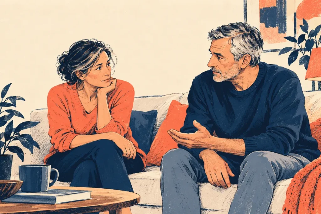 Dessin d’un homme adulte et de sa partenaire échangeant dans un salon, avec des gestes retenus.
