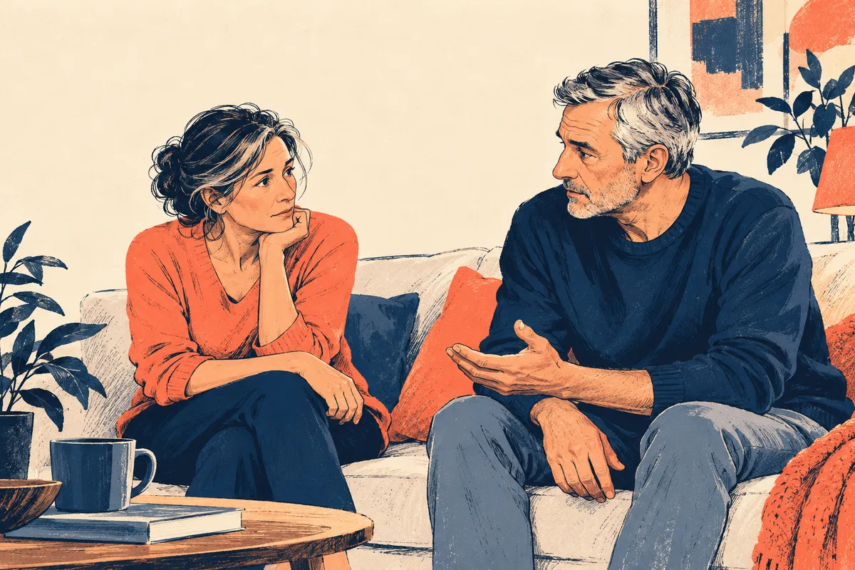Dessin d’un homme adulte et de sa partenaire échangeant dans un salon, avec des gestes retenus.
