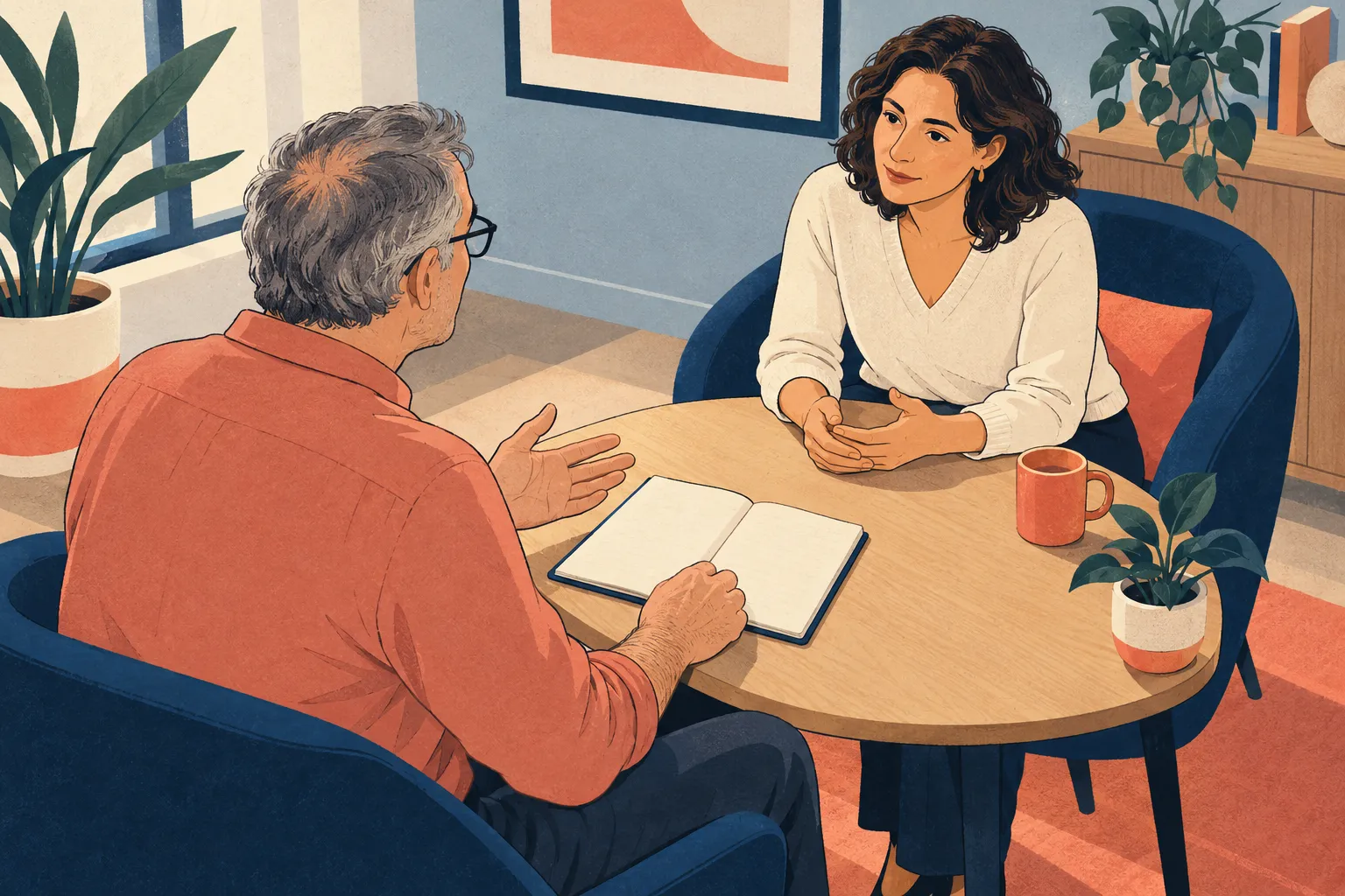 Un homme apporte un carnet à une consultation avec une professionnelle de santé attentive.