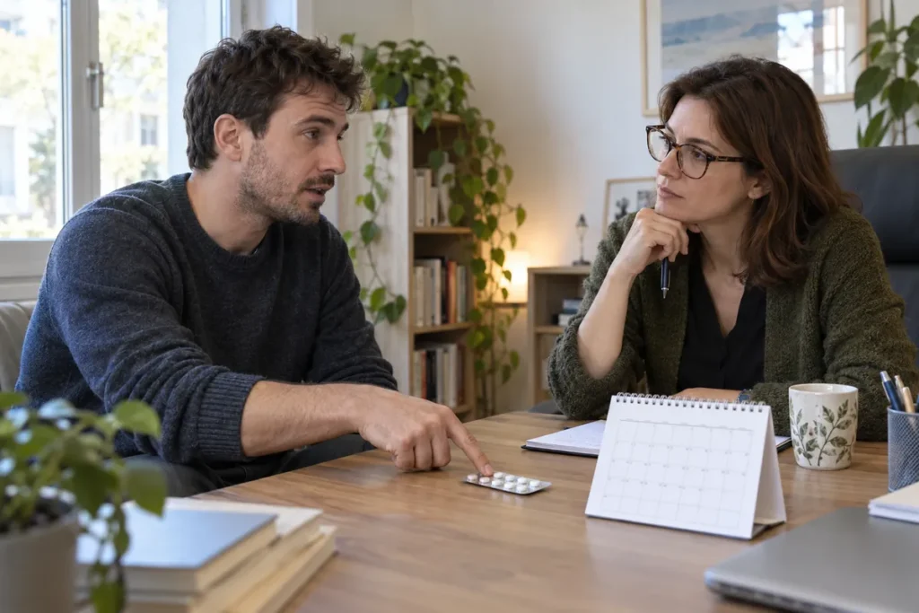 Un patient et une psychiatre échangent autour d’une plaquette de comprimés et d’un calendrier.