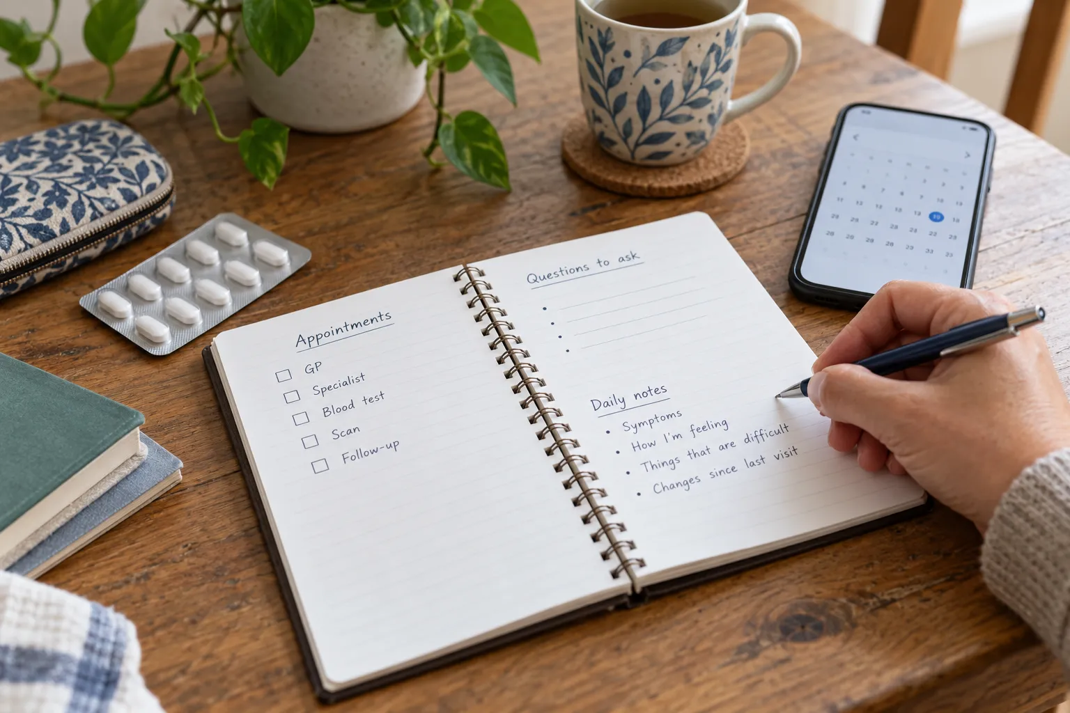 Un carnet de rendez-vous, un téléphone avec un calendrier et une plaquette de comprimés sur une table.