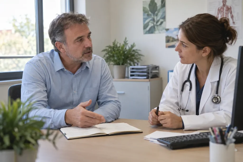 Une personne échange avec une médecin dans un bureau de consultation.