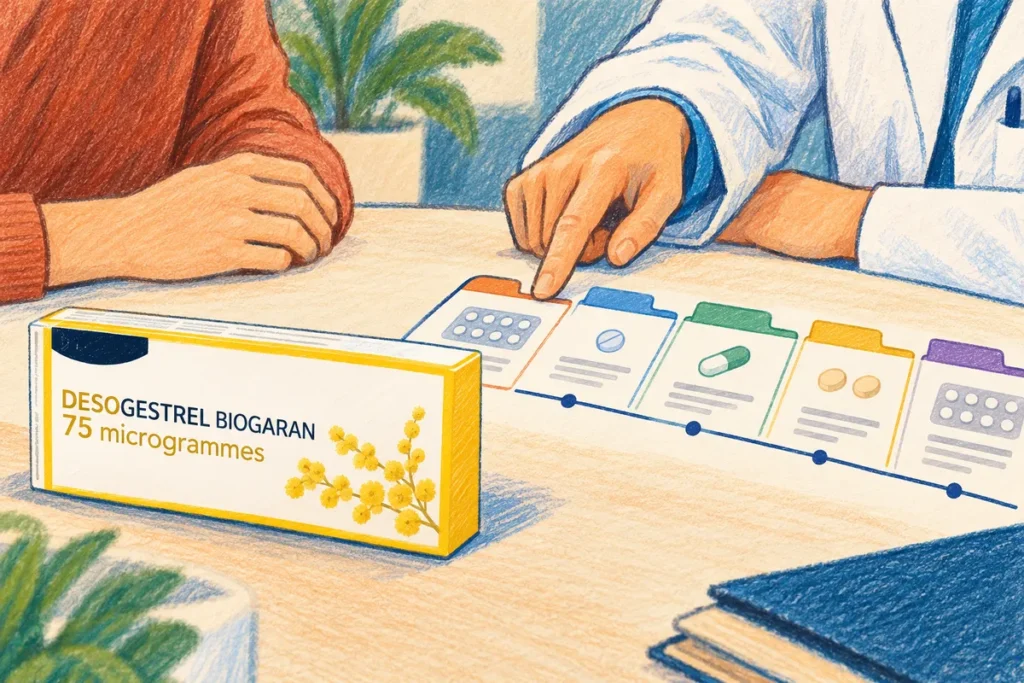 Illustration au crayon : une boîte de désogestrel et des fiches de traitements sont examinées en consultation.